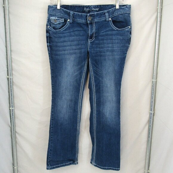 Ariya Jean 16 Short Wide Stitch Embellished Pockets Straight Leg Mid Rise Jeans - Picture 1 of 9